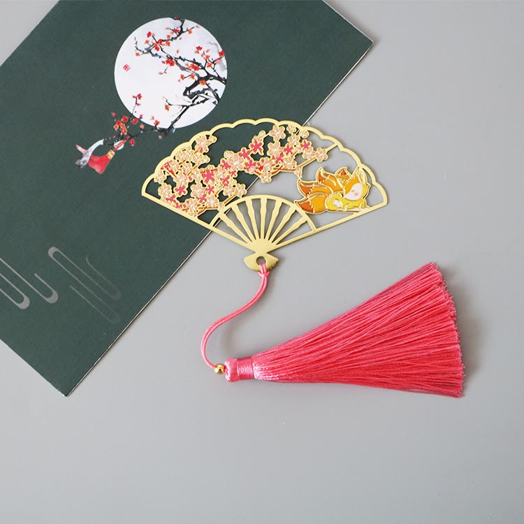 Nimara Ritual Traditional Butterfly Lotus Flower Crane Dragon Phoenix Fox Koi Fish New Beginning Metal Brass Hollow Fan Bookmarks