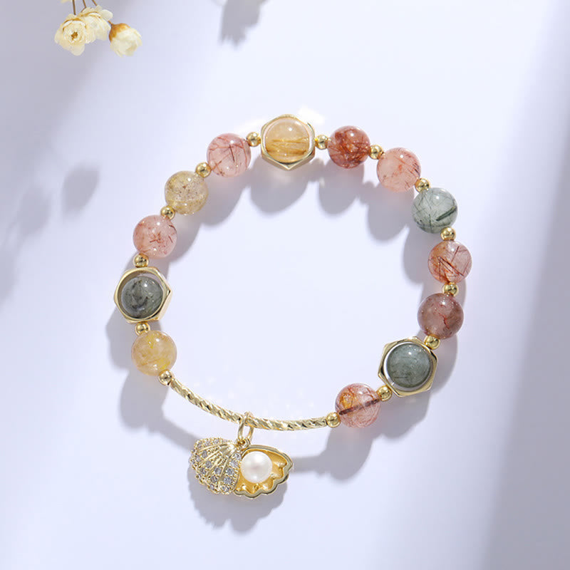 Nimara Ritual Natural Colorful Rutilated Quartz Shell Protection Bead Bracelet