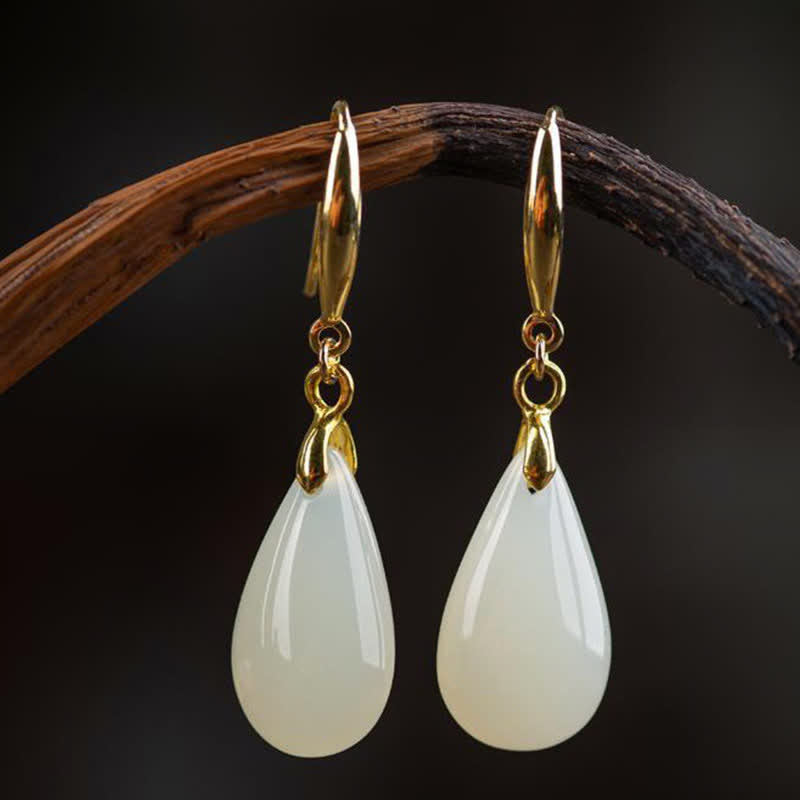 Nimara Ritual Hetian White Jade Water Drop Luck Blessing Dangle Earrings
