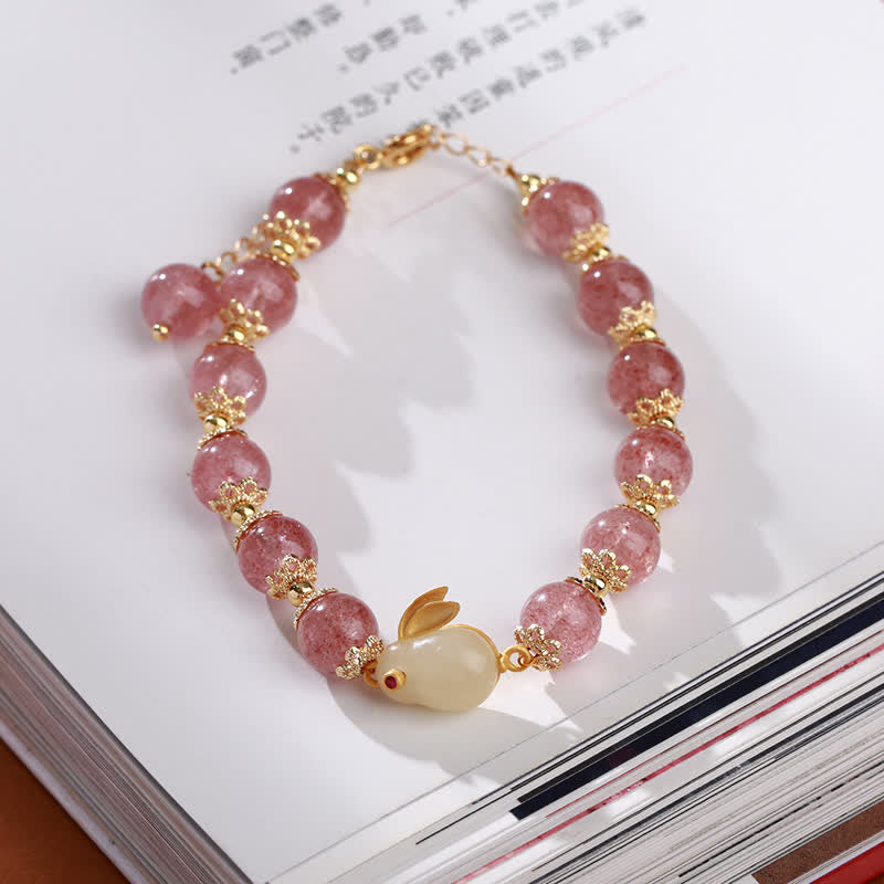 Nimara Ritual 925 Sterling Silver Strawberry Quartz Year of the Rabbit Hetian Jade Moonstone Healing Bracelet
