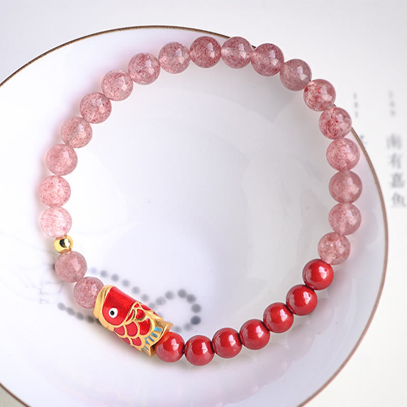 Nimara Ritual Natural Strawberry Quartz Cinnabar Lucky Koi Fish Healing Bracelet