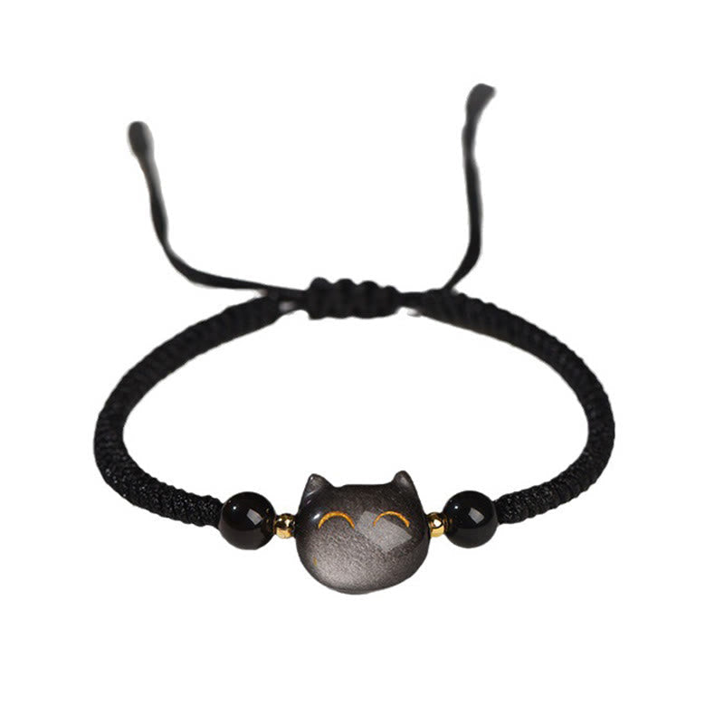 Nimara Ritual Handmade Natural Silver Sheen Obsidian Strawberry Quartz Cute Cat Protection Braided Bracelet
