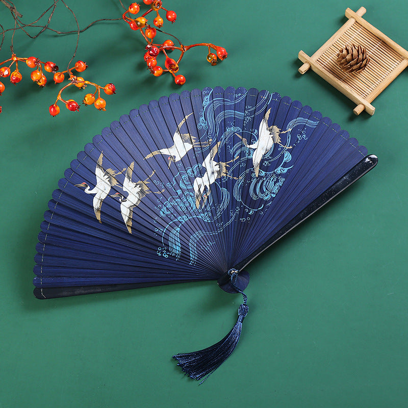Nimara Ritual Vintage Cloud Crane Maple Leaf Pattern Handheld Bamboo Folding Fan