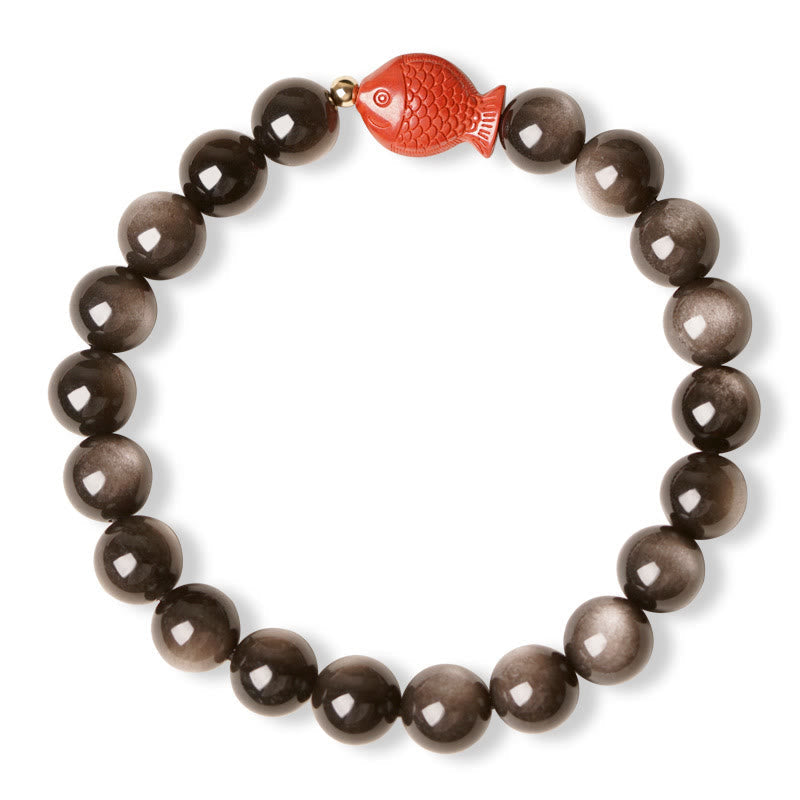 Nimara Ritual Natural Silver Sheen Obsidian Cinnabar Koi Fish Soothing Protection Bracelet