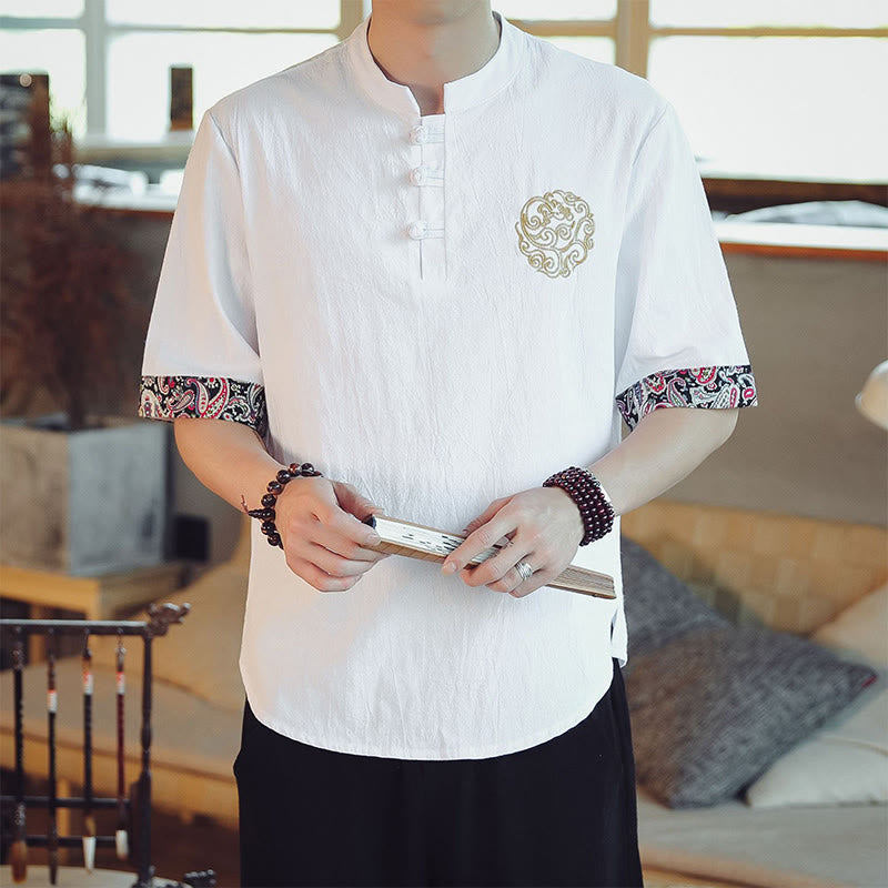 Nimara Ritual Frog-Button Dragon Embroidery Chinese Tang Suit Short Sleeve Shirt Men Clothing
