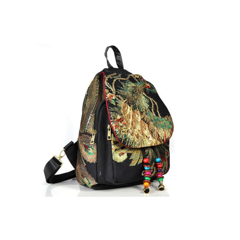 Nimara Ritual Peacock Embroidery Canvas Tassel Backpack