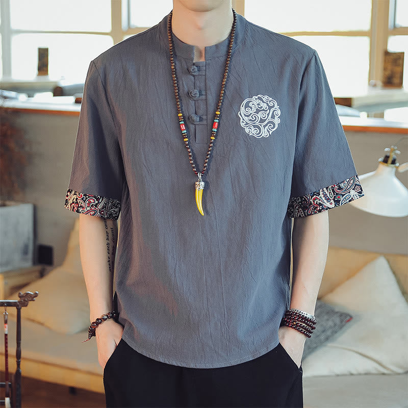 Nimara Ritual Frog-Button Dragon Embroidery Chinese Tang Suit Short Sleeve Shirt Men Clothing