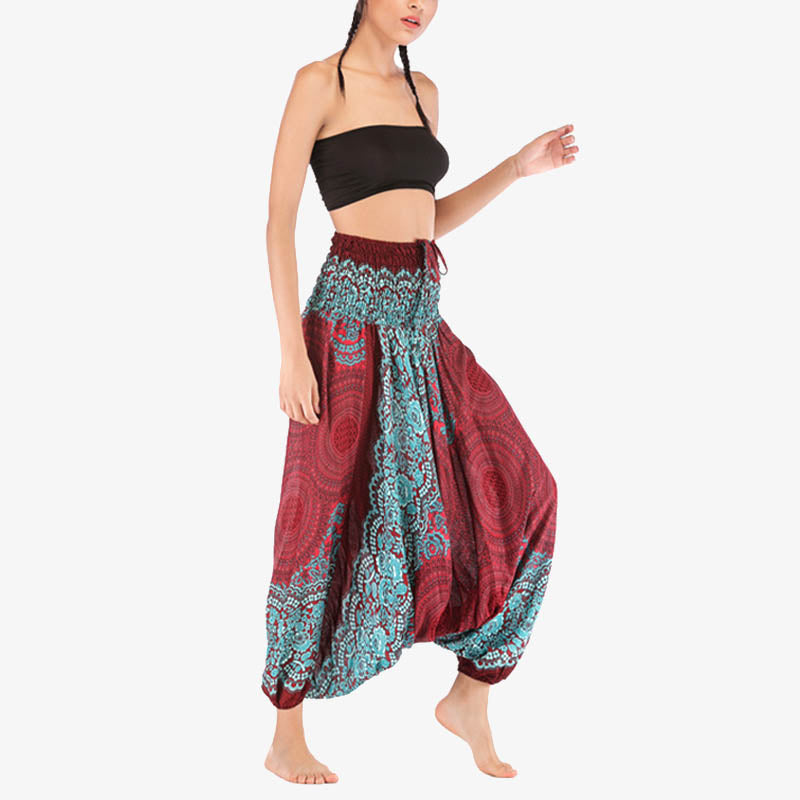 Nimara Ritual Two Style Wear Round Geometric Pattern Loose Smocked Harem Trousers Jumpsuit High Waist Women's Yoga Pants