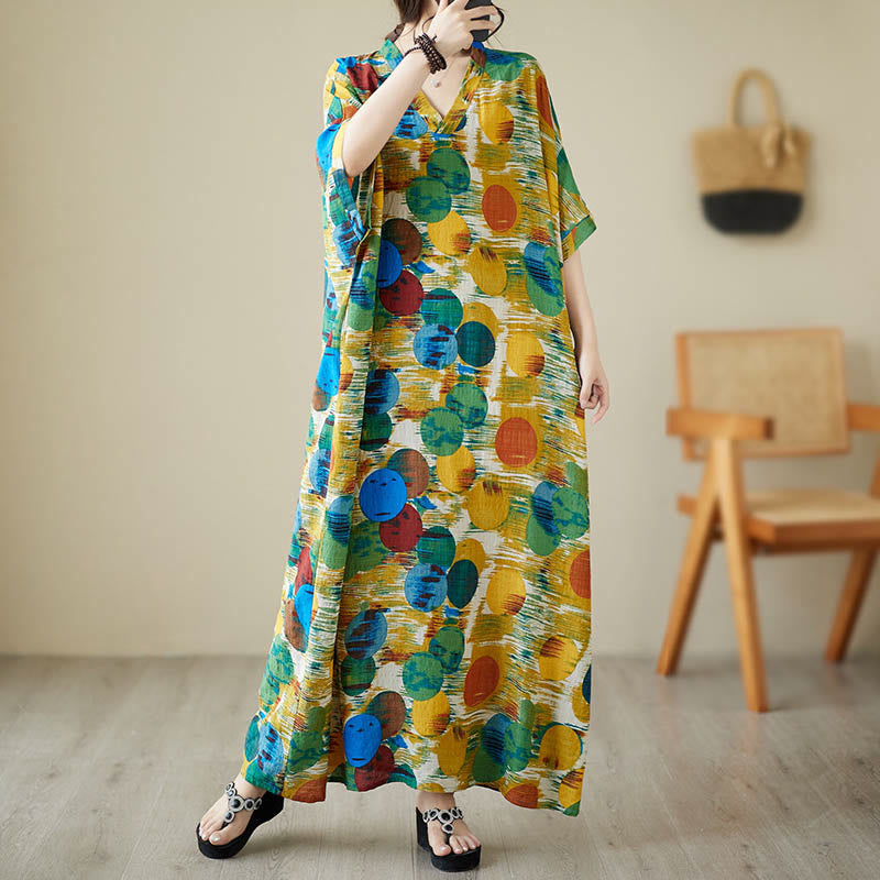 Nimara Ritual Orange Blue Colorful Polka Dots Midi Dress Cotton Half Sleeve Dress With Pockets