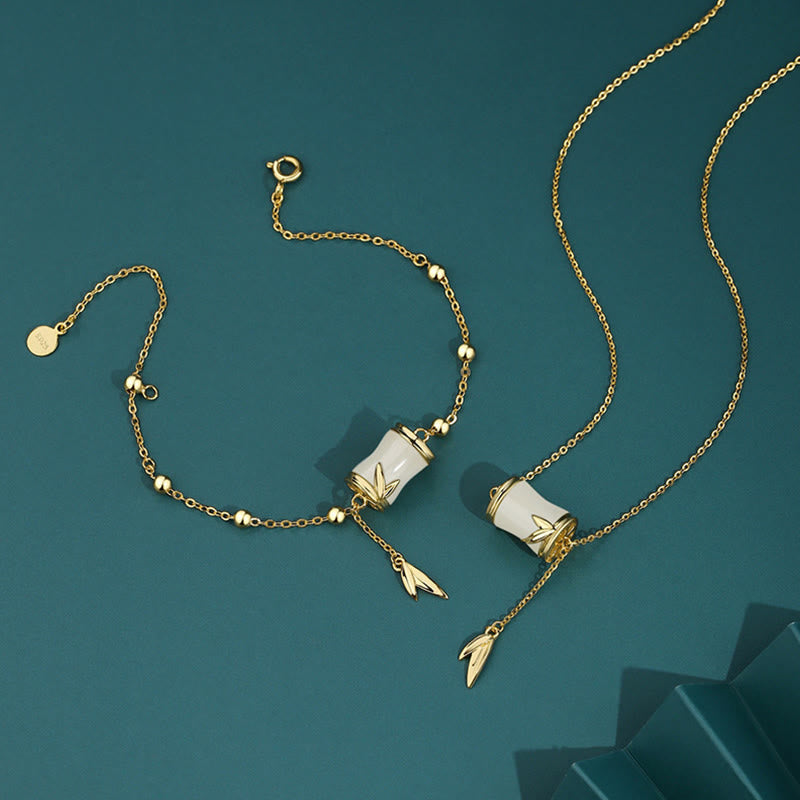 Nimara Ritual 925 Sterling Silver 22K Gold Hetian White Jade Bamboo Leaf Luck Necklace Pendant Bracelet
