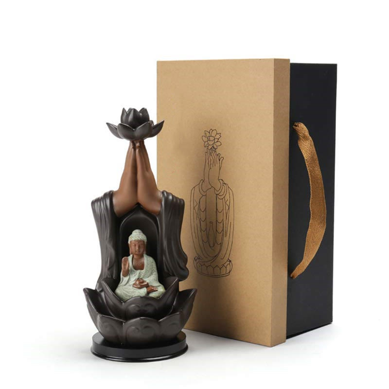 Nimara Ritual Buddha Avalokitesvara Chenrezig Ksitigarbha Ceramic Lotus Blessing Backflow Incense Burner