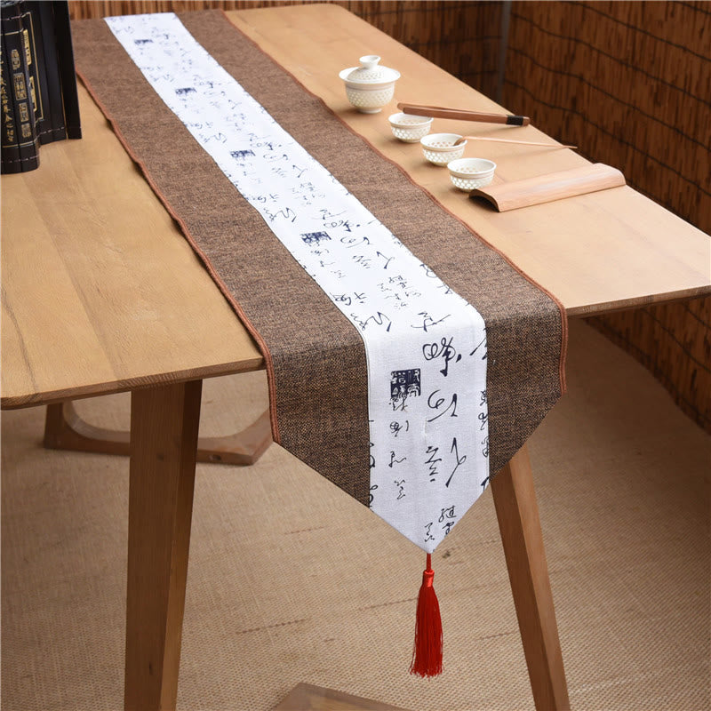 Nimara Ritual Classic Chinese Style Lotus Koi Fish Flower Crane Calligraphy Enlightenment Cotton Linen Tassels Table Runner