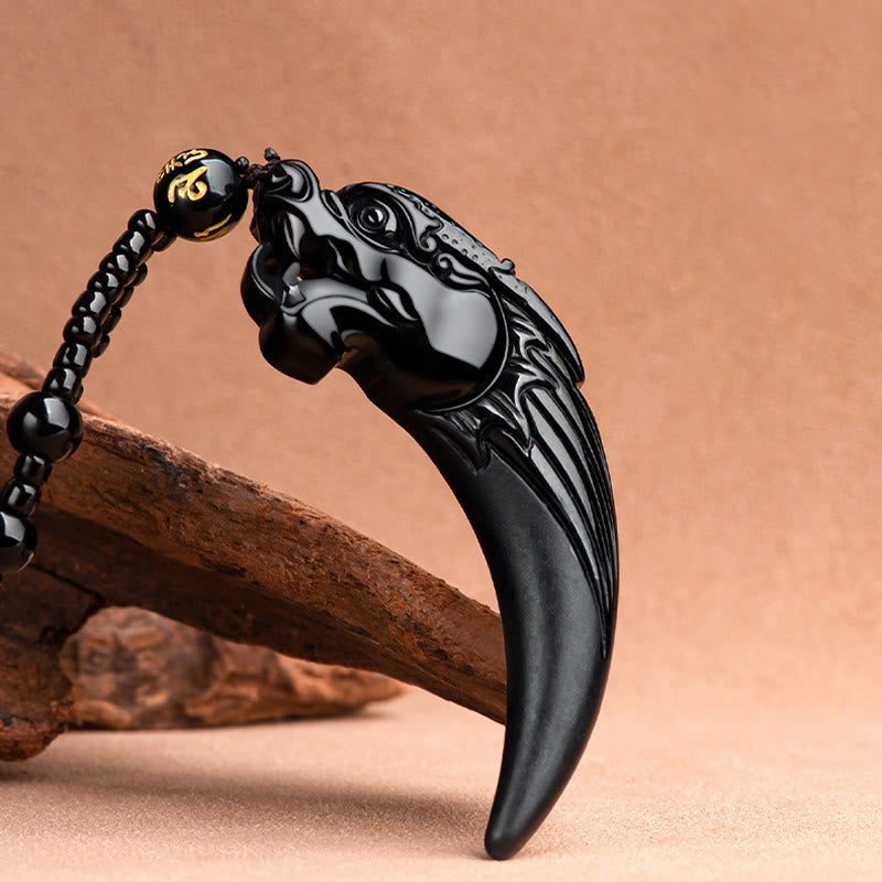 Nimara Ritual Natural Black Jade Chinese Zodiac Dragon Tooth Pattern Protection Necklace Pendant