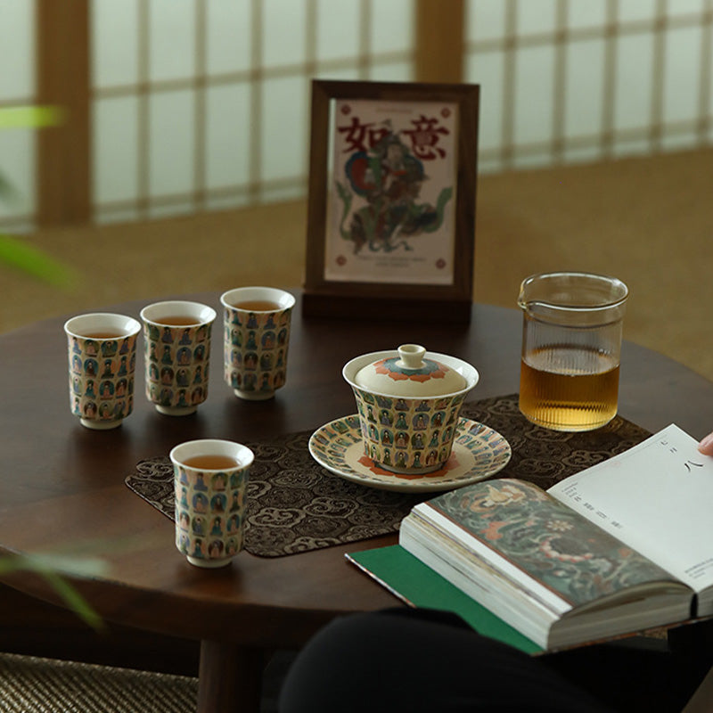 Nimara Ritual Dunhuang Color Thousand Buddhas Flying Apsaras Pattern Gaiwan Teacup Kung Fu Tea Cup With Lid