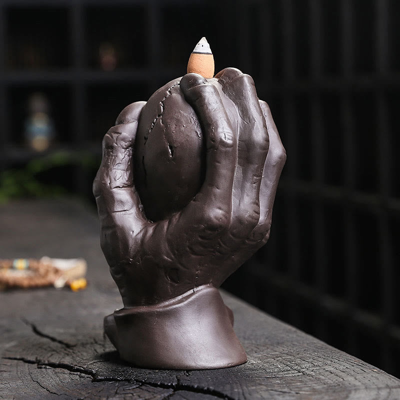 Nimara Ritual Halloween Skull With Ghost Hand Purple Clay Spiritual Incense Burner Decoration