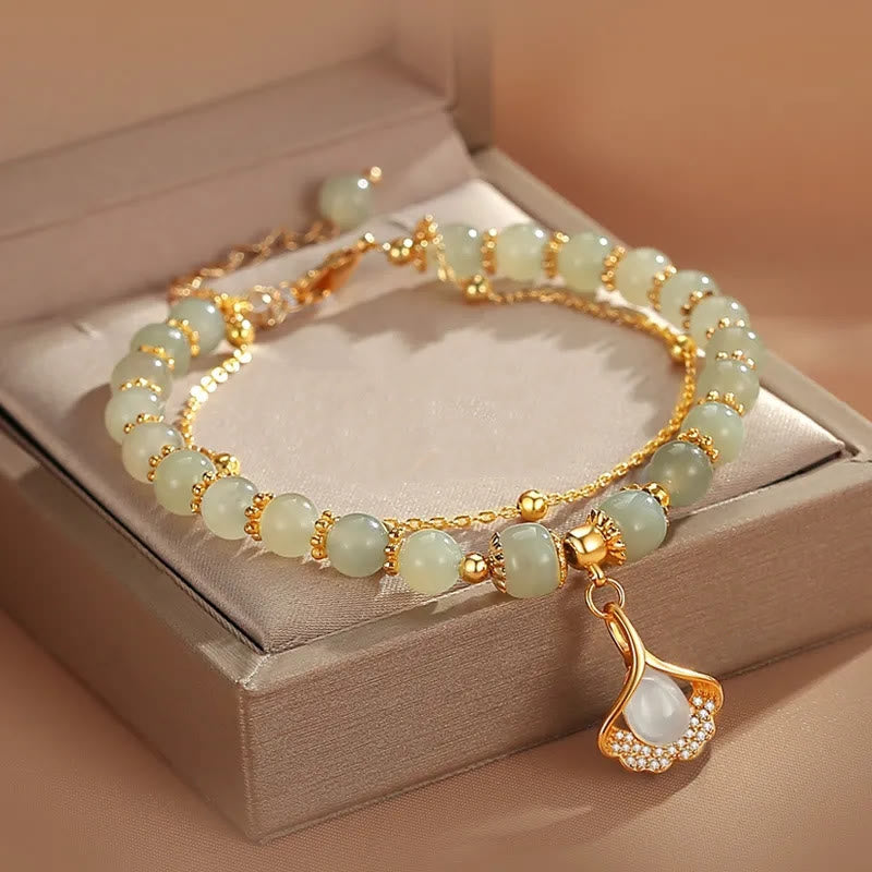 Nimara Ritual Jade Leaf Ginkgo Tulip Peanut Fu Character Luck Beaded Bracelet