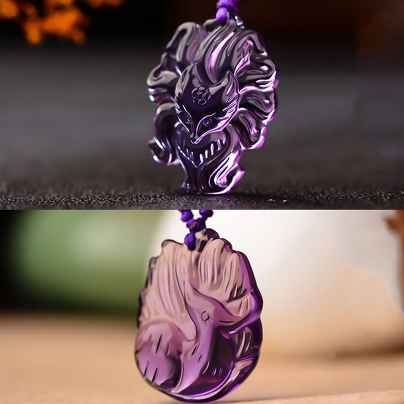 Nimara Ritual Natural Amethyst White Crystal Citrine Nine Tailed Fox Luck Necklace Pendant