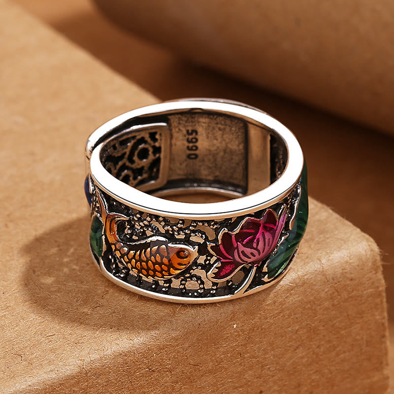 Nimara Ritual Copper Blue Enamel Lotus Heart Sutra Koi Fish Luck Ring