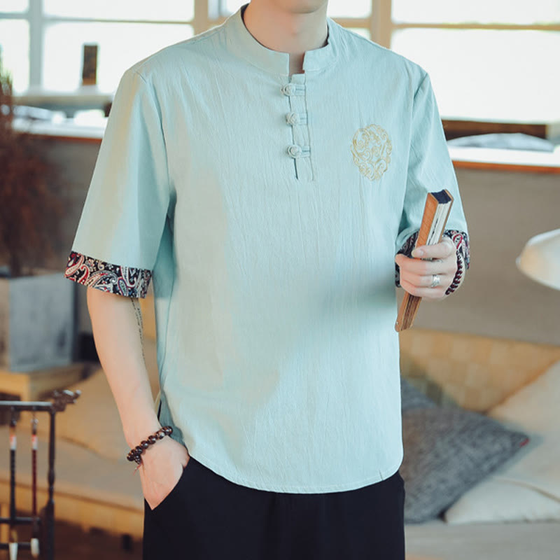 Nimara Ritual Frog-Button Dragon Embroidery Chinese Tang Suit Short Sleeve Shirt Men Clothing