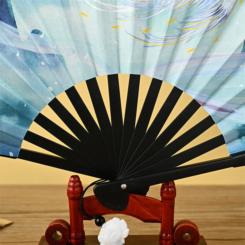 Nimara Ritual Vintage Phoenix Nine Tailed Fox Flower Bamboo Tiger Handheld Folding Fan Lotus Tassel Fan