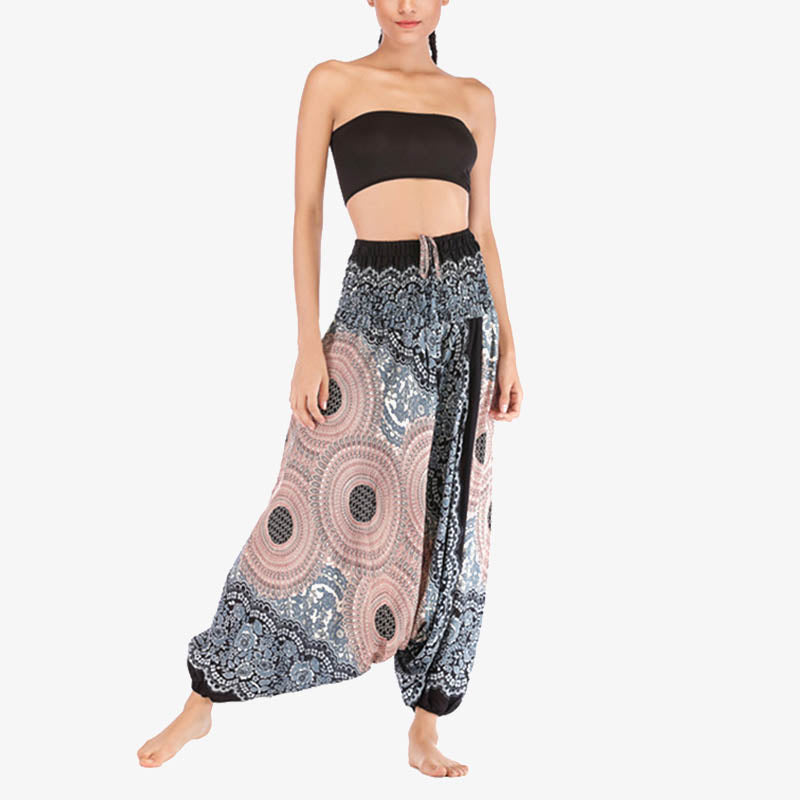 Nimara Ritual Two Style Wear Round Geometric Pattern Loose Smocked Harem Trousers Jumpsuit High Waist Women's Yoga Pants