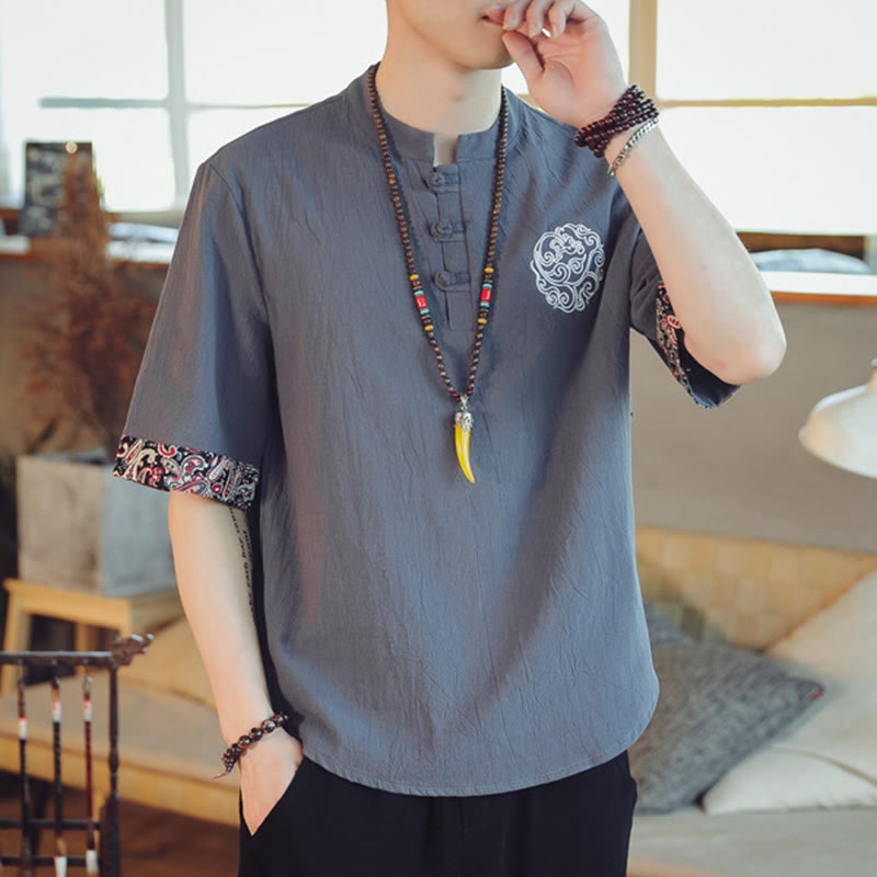 Nimara Ritual Frog-Button Dragon Embroidery Chinese Tang Suit Short Sleeve Shirt Men Clothing