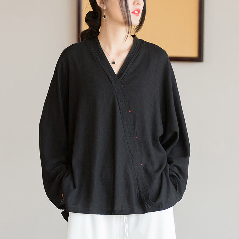 Nimara Ritual V-Neck Blouse Women Shirt Long Sleeve Top Chinese Hanfu Style Clothing