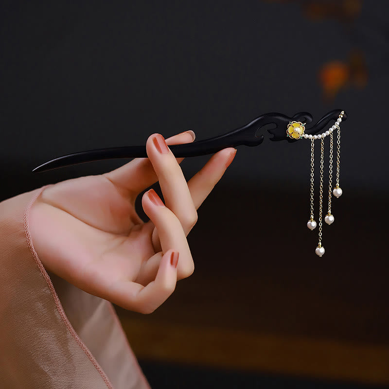Nimara Ritual Ebony Wood Yellow Flower Pearl Tassels Hairpin