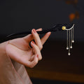Nimara Ritual Ebony Wood Yellow Flower Pearl Tassels Hairpin