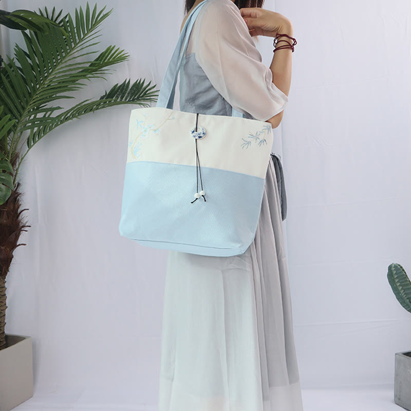 Nimara Ritual Pear Flower Plum Peach Blossom Bamboo Embroidery Canvas Large Capacity Shoulder Bag Tote Bag