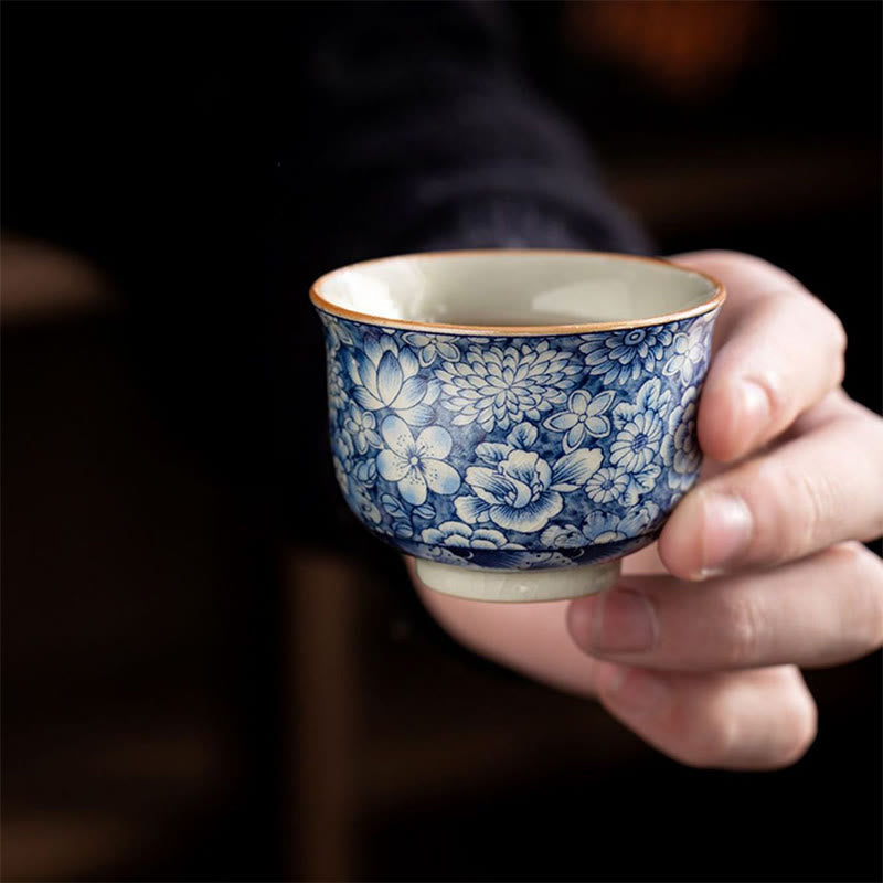 Nimara Ritual Vintage Lotus Peony Plum Blossom Chrysanthemum Ceramic Teacup Tea Cups