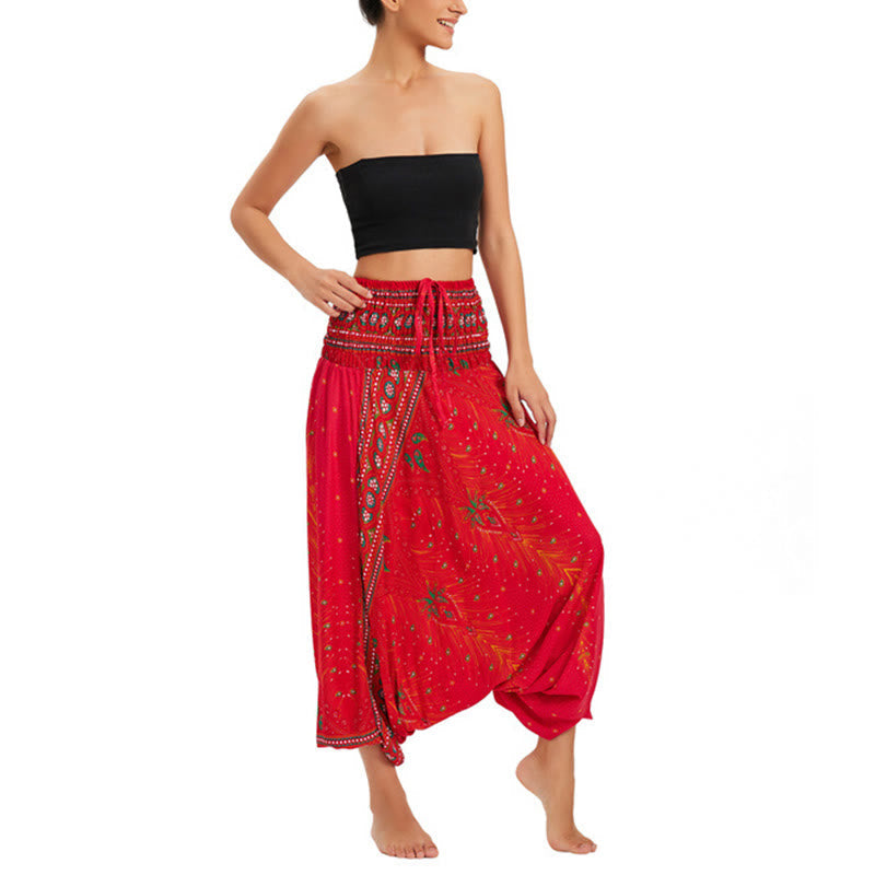 Nimara Ritual Two Style Wear Peacock Feather Loose Smocked Harem Trousers Jumpsuit High Waist Pants