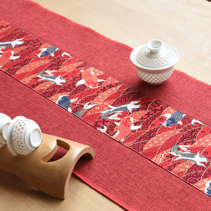 Nimara Ritual Classic Chinese Style Lotus Koi Fish Flower Crane Calligraphy Enlightenment Cotton Linen Tassels Table Runner