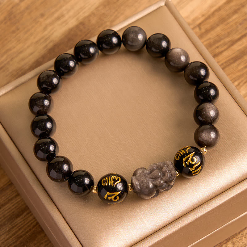 Nimara Ritual Natural Silver Sheen Obsidian Black Obsidian Om Mani Padme Hum Pixiu Protection Bracelet