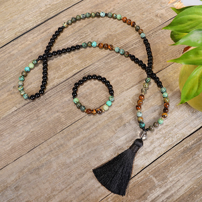 Nimara Ritual 108 Mala Beads Natural Stone Tiger Eye Turquoise Protection Strength Bracelet Necklace