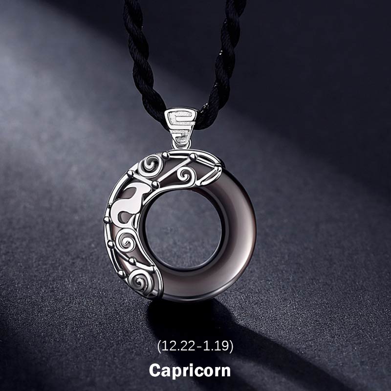 Nimara Ritual 12 Constellations of the Zodiac Ice Obsidian Blessing Round Pendant Necklace
