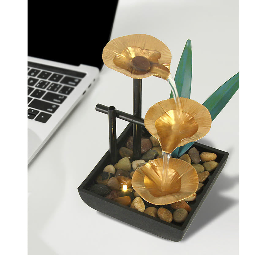 Nimara Ritual Three Layers Waterfall Fountain Tabletop Lotus Ornaments With River Rocks Desktop Decoration