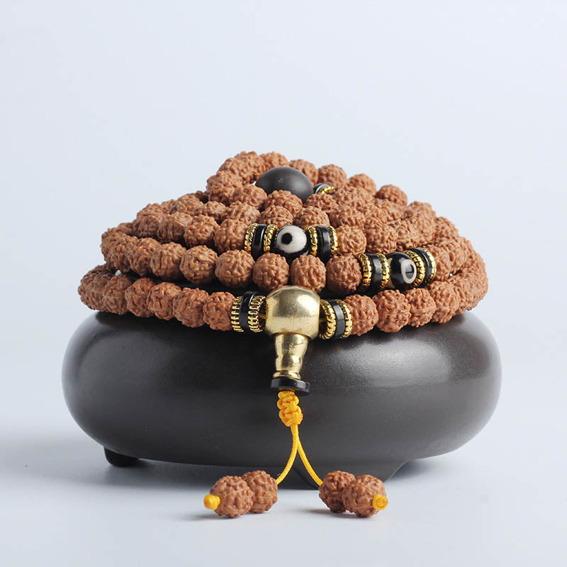 Nimara Ritual 108 Mala Beads Rudraksha Bodhi Seed Dzi Bead Luck Wealth Bracelet