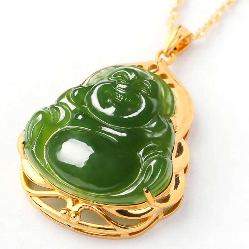 Nimara Ritual 925 Sterling Silver Natural Hetian Cyan Jade Laughing Buddha 18K Gold Healing Necklace Chain Pendant