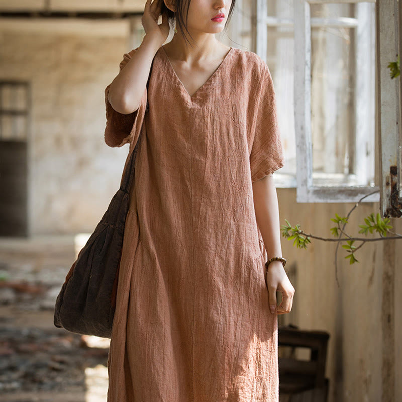 Nimara Ritual Handmade Tie Dye V-Neck Midi Dress Linen Short Sleeve Dress