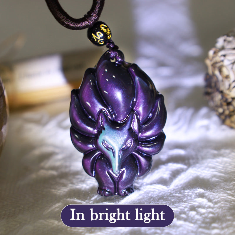 Nimara Ritual Natural Rainbow Obsidian Gold Sheen Obsidian Nine Tailed Fox Positive Necklace Pendant