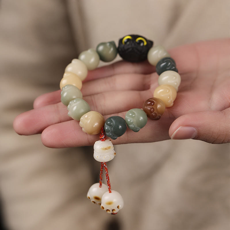 Nimara Ritual Natural Bodhi Seed Lovely Paw Ebony Wood Lucky Cat Wisdom Bracelet