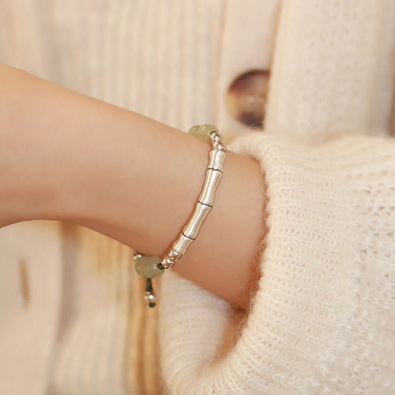 Nimara Ritual 925 Sterling Silver Natural Jade Fu Character Bamboo Abundance Bracelet