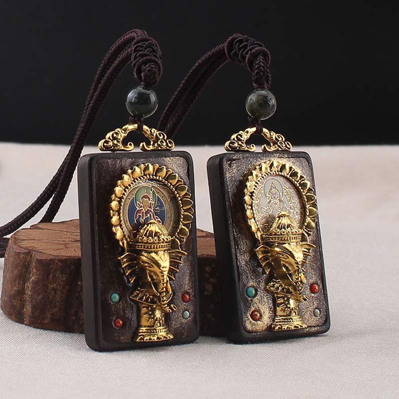 Nimara Ritual Ebony Wood Elephant God of Fortune Buddha Blessing Necklace String Pendant