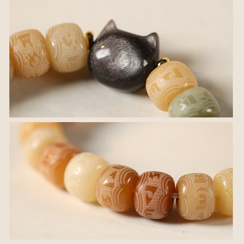 Nimara Ritual Bodhi Seed Silver Sheen Obsidian Cat Head Om Mani Padme Hum Engraved Harmony Bracelet
