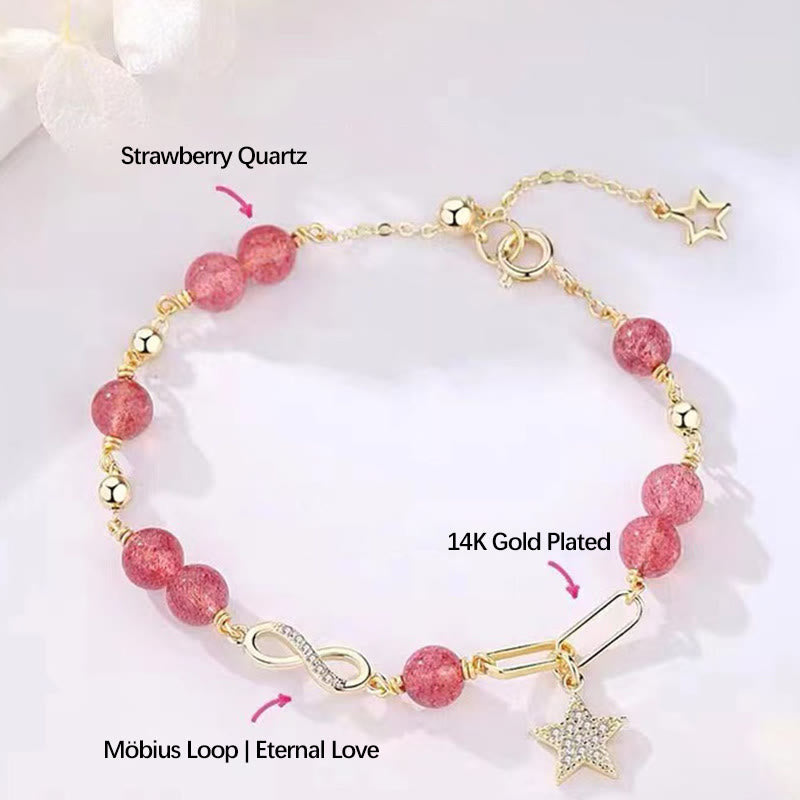 Nimara Ritual 14K Gold Plated Natural Strawberry Quartz Moonstone MAbius Loop Eternal Love Star Positive Bracelet