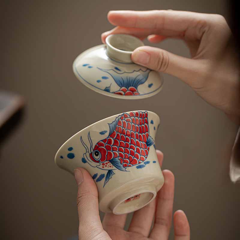 Nimara Ritual Koi Fish Arowana Ceramic Gaiwan Sancai Teacup Kung Fu Tea Cup With Lid 130ml