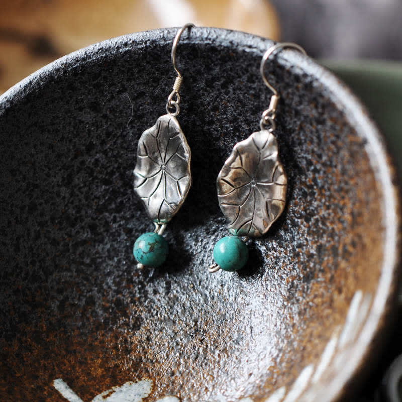 Nimara Ritual 925 Sterling Silver Turquoise Lotus Leaf Protection Drop Dangle Earrings