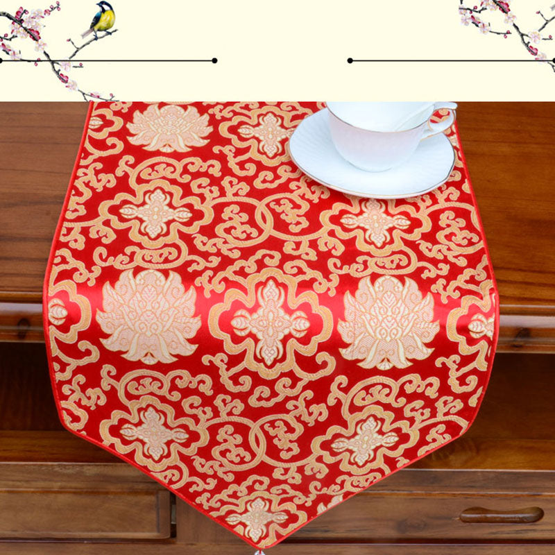 Nimara Ritual Prayer Altar Flower Vajra Dragon Pattern Tibetan Auspicious Symbols Tassels Jacquard Table Runner