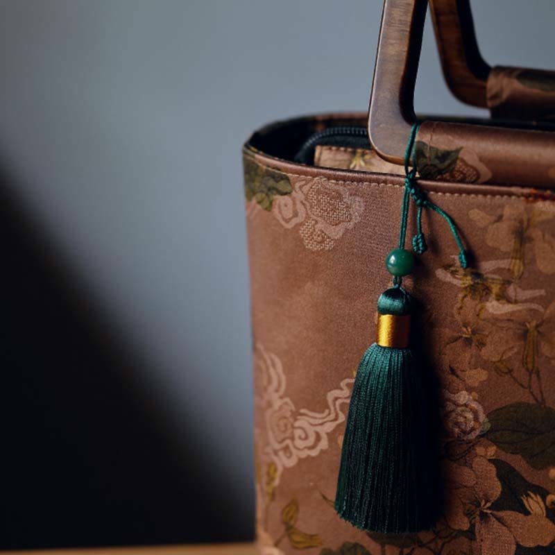 Nimara Ritual Vintage Brown Flowers Green Bamboo Leaves Wood Handles Zipper Handbag
